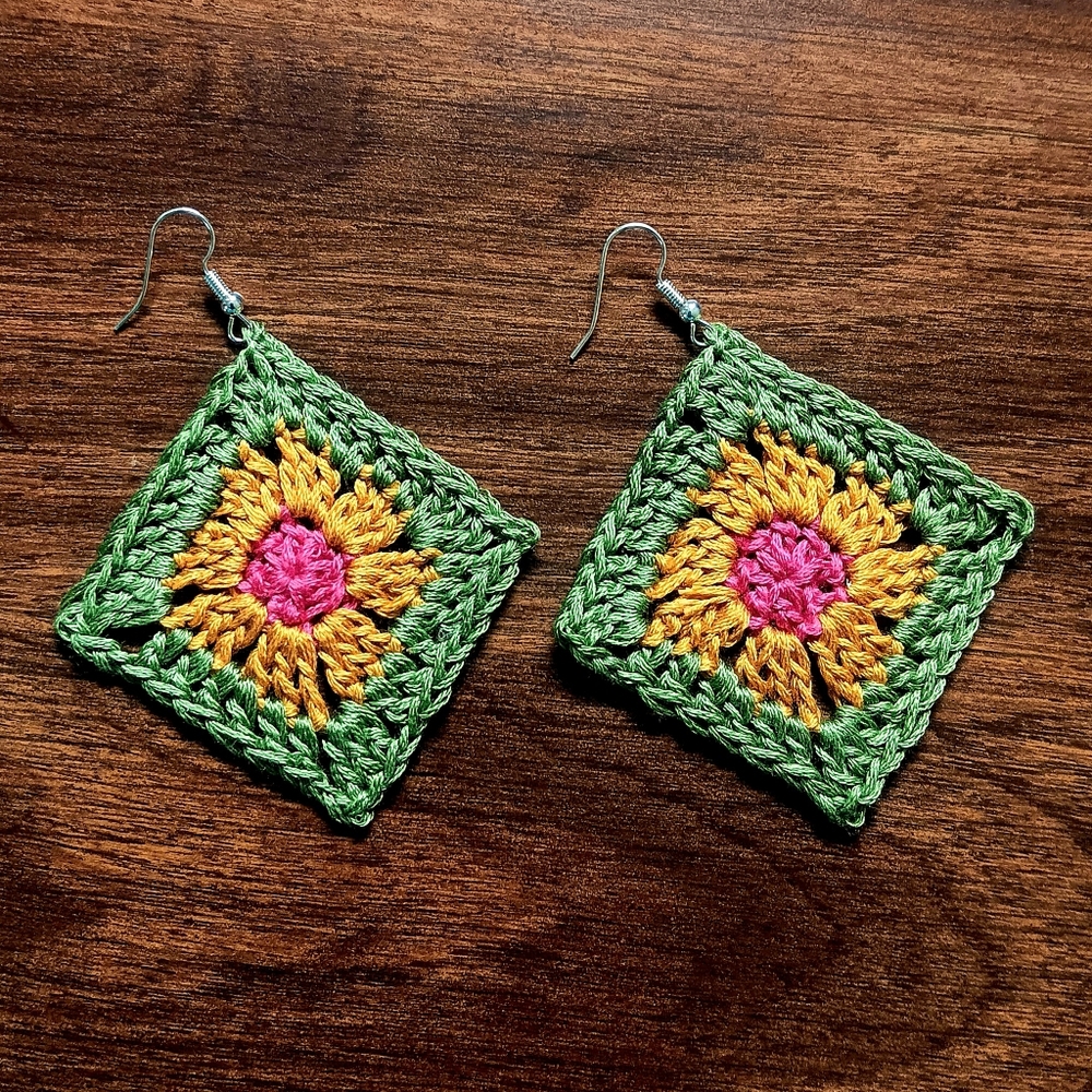 Hand Crafted Hand Crochet Colorful Boho Floral Diamond Design Earrings - Picture 2 of 4
